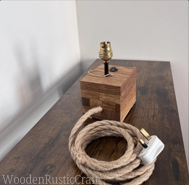 Country Style Solid Oak Lamp Base — Vintage Brass Fitting