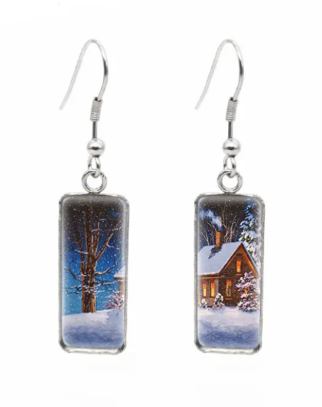 Snowy Cabin &amp; Tree Drop Earrings