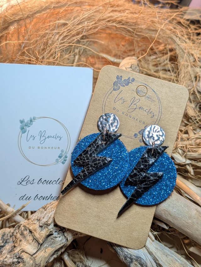 Boucles d'oreilles Queen bleu paillettes noir éclipse PM qu012