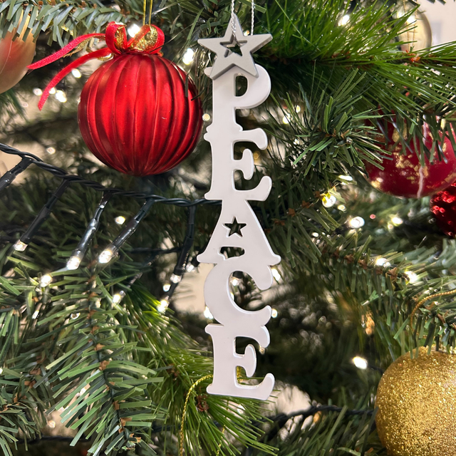 2 x Peace Lettering Baubles (White &amp; Silver)