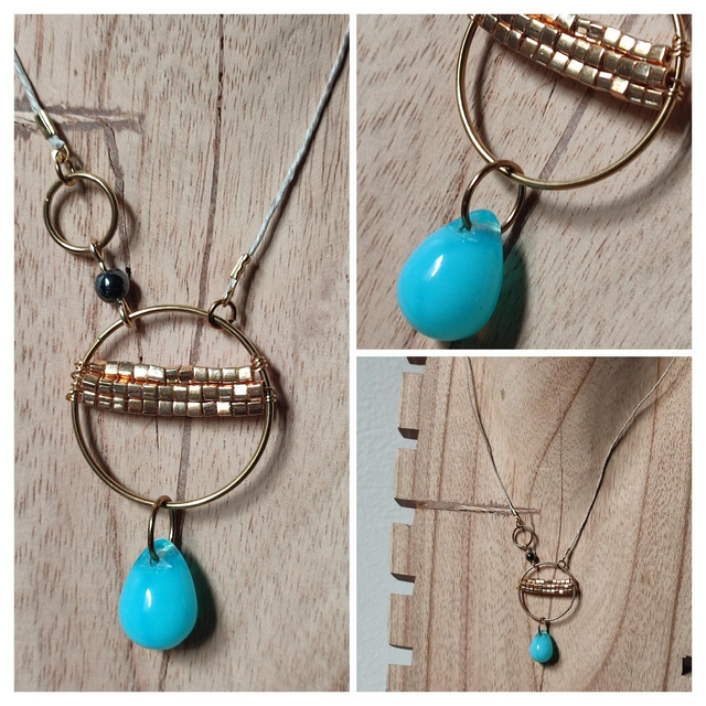 Collier cercle et goutte en verre turquoise, perle en hématite ( pierres naturelles) hématite dorée et anthracite,monté sur fil de lin, pièce unique 