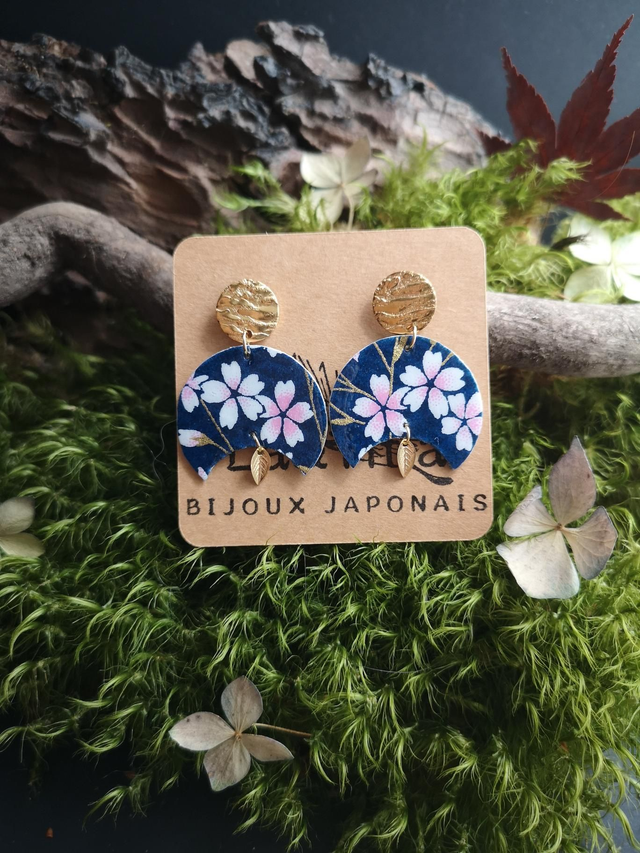 Boucles d'oreilles - puces - papier washi - Sakura - feuilles - La&Titia 