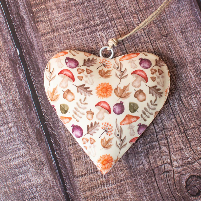 Hanging Metal Heart - Autumnal Mushroom Print