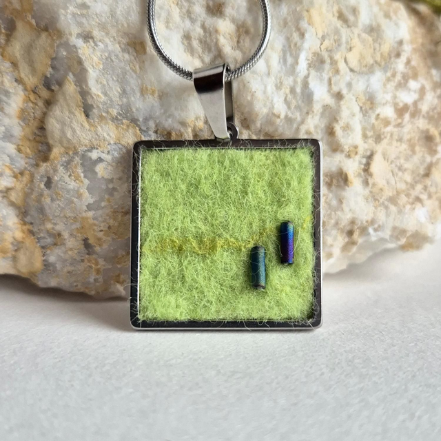 Hand felted Wool pendant - Lime with glass beads