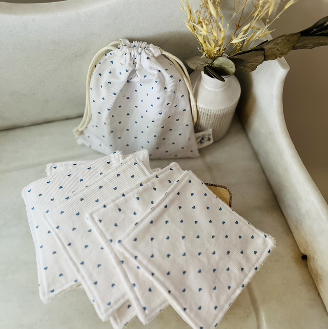 Pochon 7 lingettes lavable coton/éponge bambou "Cœur bleu"