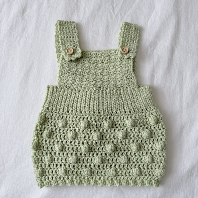 Green popcorn crochet dungaree dress