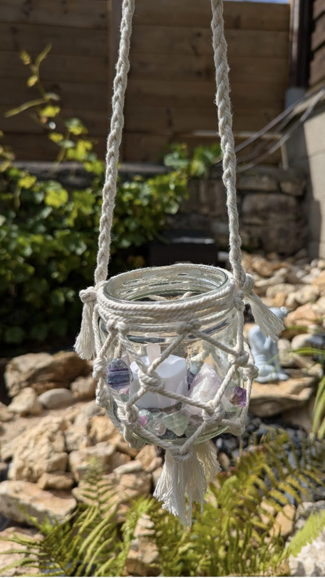 Lanterne macramé et ses Fluorite 