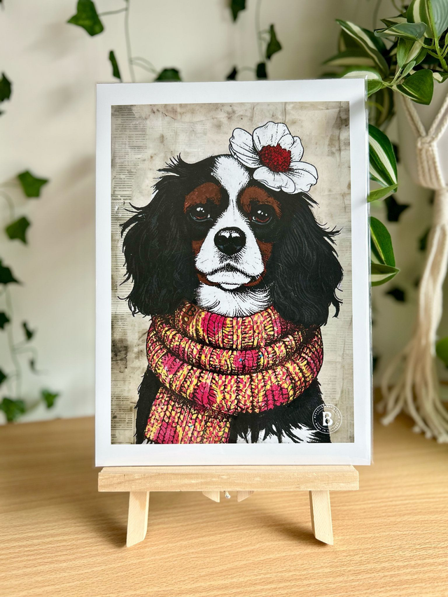 King Charles Cavalier Dog In Floral Mixed Media Art Print A4