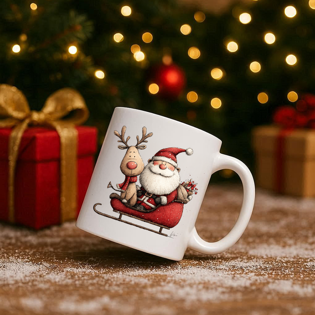 Vintage Santa &amp; Reindeer 11oz Ceramic Printed Mug Design 11