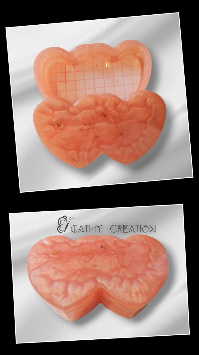 Boîte double coeur vieux rose et inclusion de feuilles cuivrées 