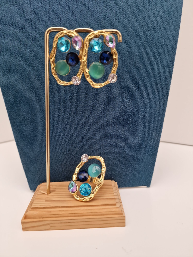 Parure Bijoux Trois Pièces Acier Doré Pierres De Lune Strass