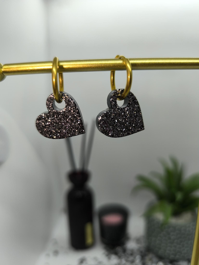 Pampilles interchangeables coeur noir pailleté argenté