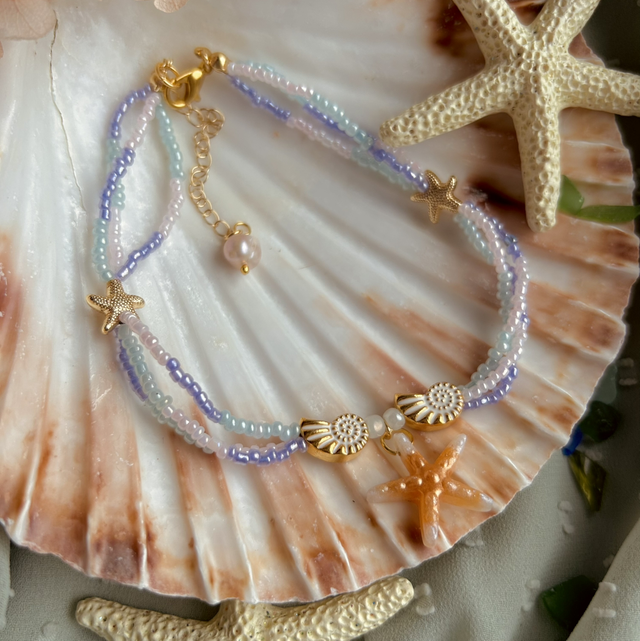 Starfish Beaded Anklet with Freshwater Pearl Gold Plated