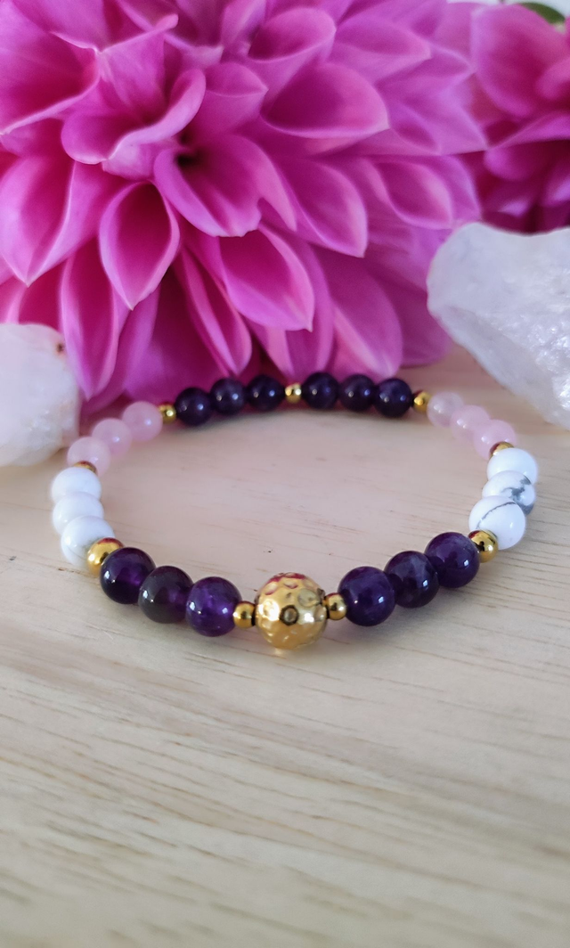 Bracelet "Paix intérieure" Boule Améthyste, Quartz rose et Howlite