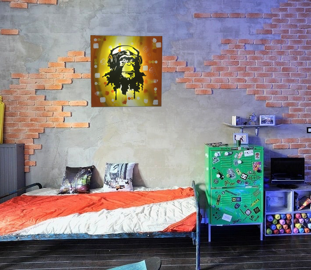 Tableau abstrait orange avec singe lumineux up cycling