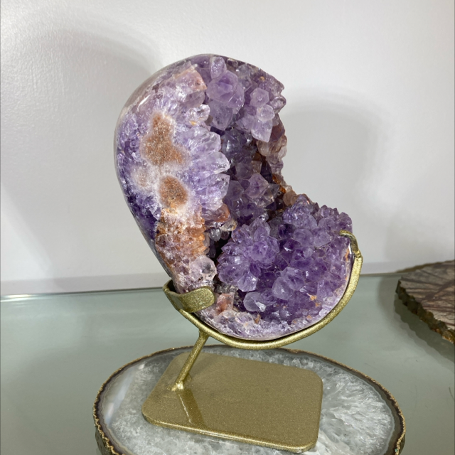Amethyst with Pink Amethyst on gold stand 