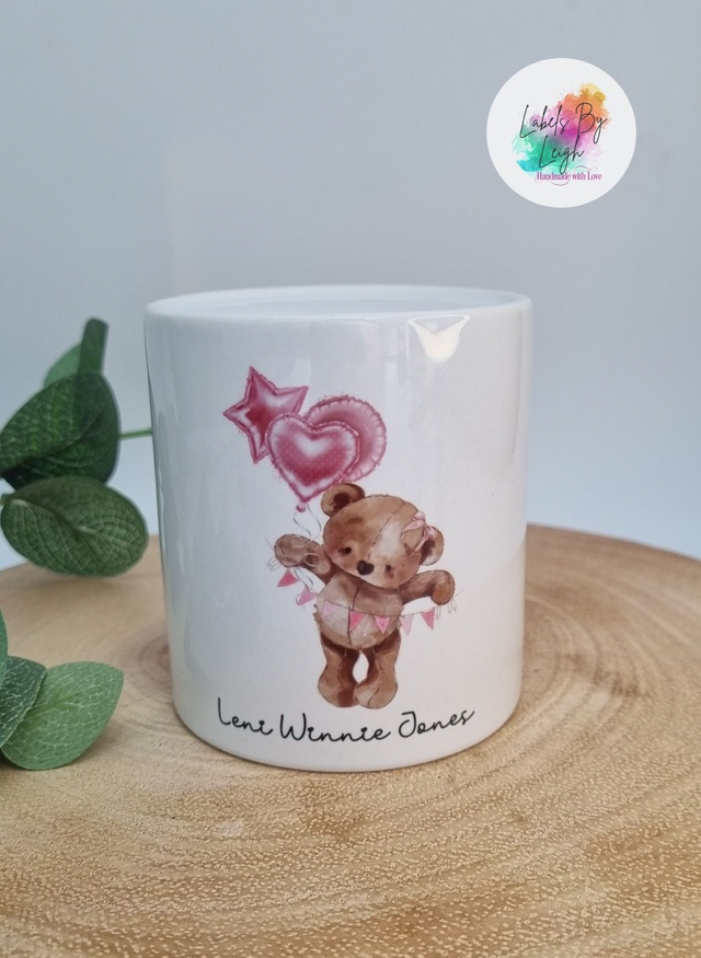 Personalised Cute Teddy Balloon Money Box in Pink or Blue
