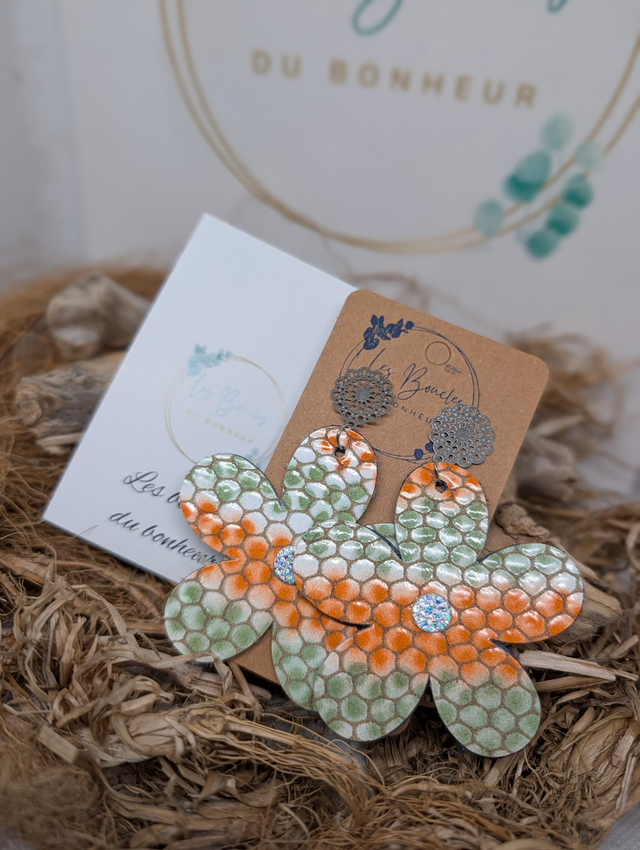 Boucles d'oreilles marguerite orange vert m651