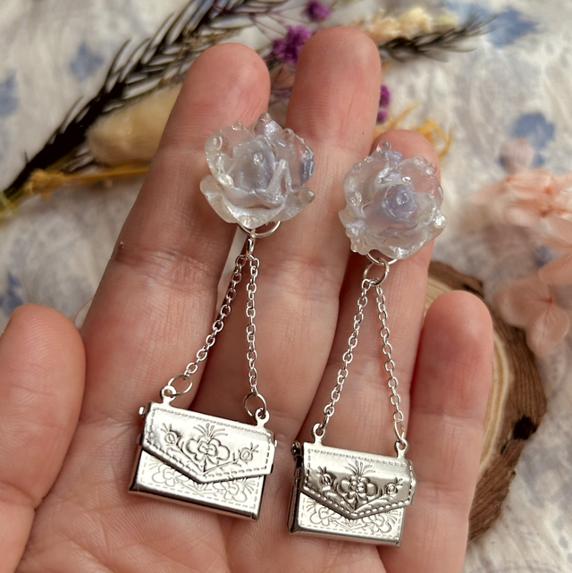 Dew Drop Roses and Love Letter Earrings - Lavender & Silver - Valentine’s Day Collection