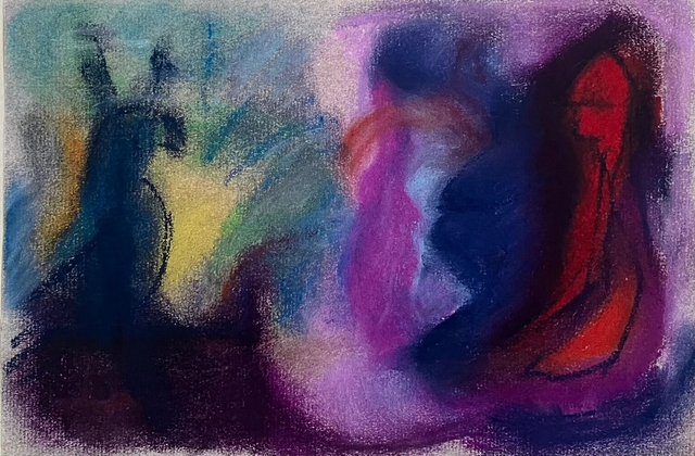 08 Red Figure and Bird - Pastel Print 15x22cm