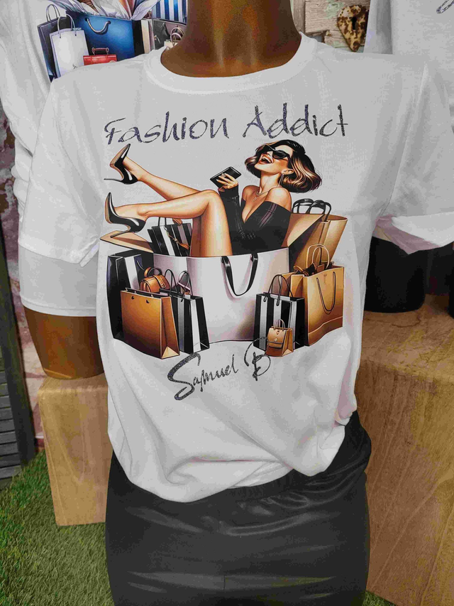T-SHIRT FEMME BLANC FASHION ADDICT(A95)