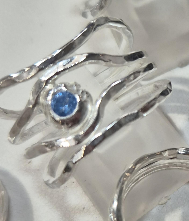 4 x 1.5mm Multi Strand Sterling Silver Ring with Hammered Texture and 3mm Blue Cubic Zirconia