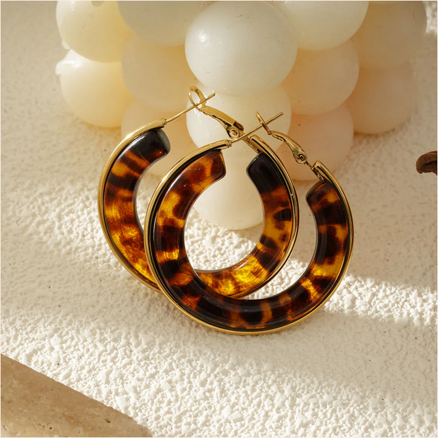  Boucles D'oreilles Créoles Dorées Acrylique Motif Animalier Léopard