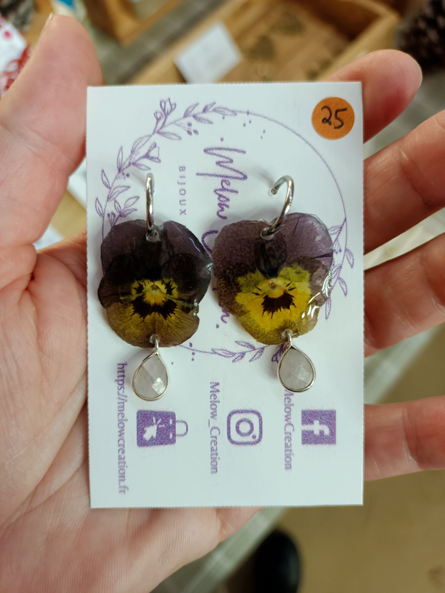 Parure collier+boucles Pensées &amp; Quartz Rose