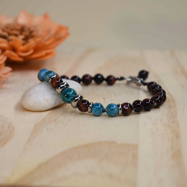 Bracelet homme avec anneaux acier et pierres de 6mm en Oeil de taureau, apatite et chrysocolle