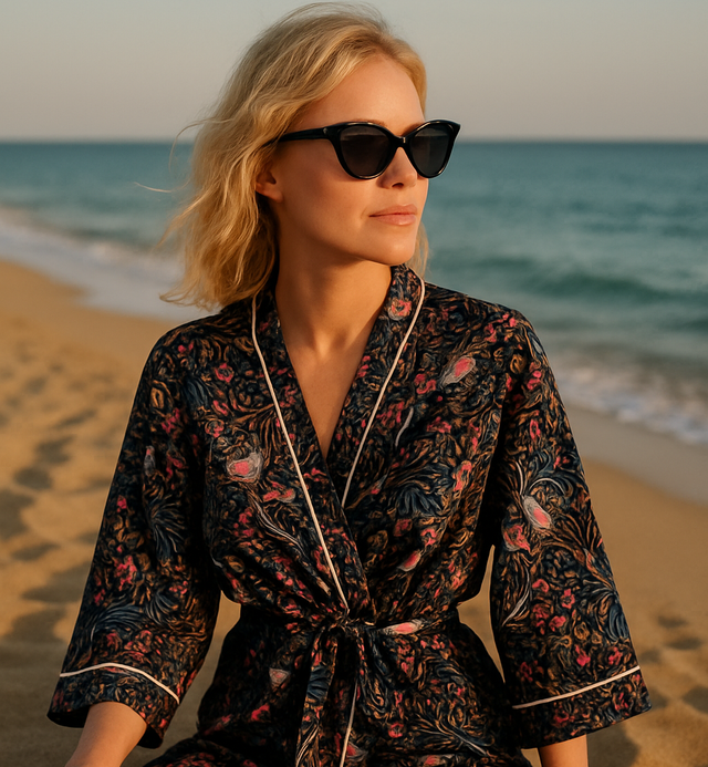 Kimono Jaipur en Coton Noir Fleuri - 105cm