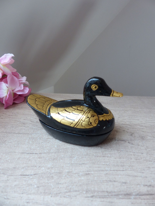 Vintage Boite Canard, boîte de bibelots, boite à bijoux canard noir et or, boîte de canard laqué, figurine canard noir, décoration chambre