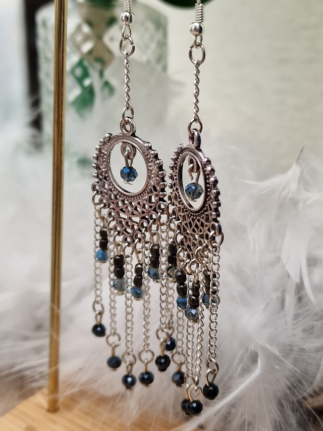 Boucles D'oreilles Chandelier Bohème Argenté Perles Cristal