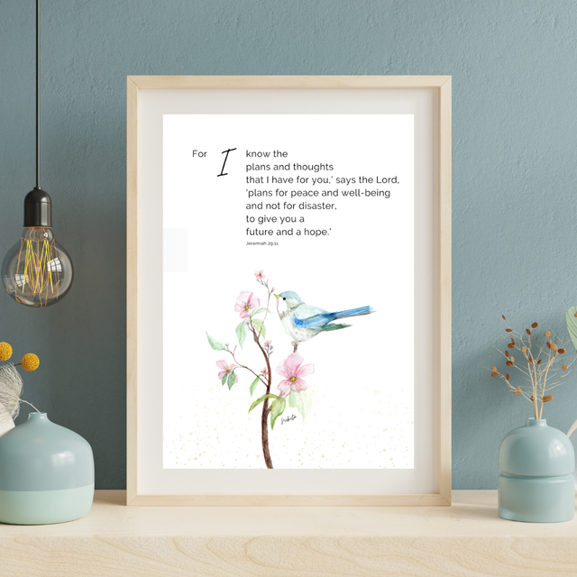 Jeremiah 29:11 Bluebird &amp; Pink Blossoms (Watercolour Print A4)