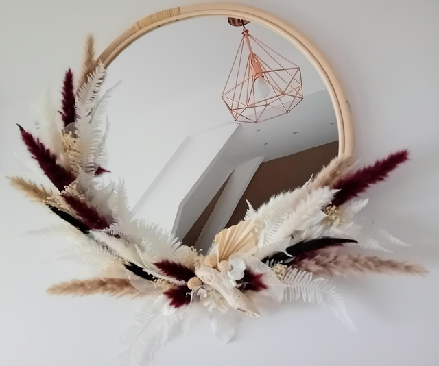 Miroir rond bambou avec végétations stabilisées et séchées 