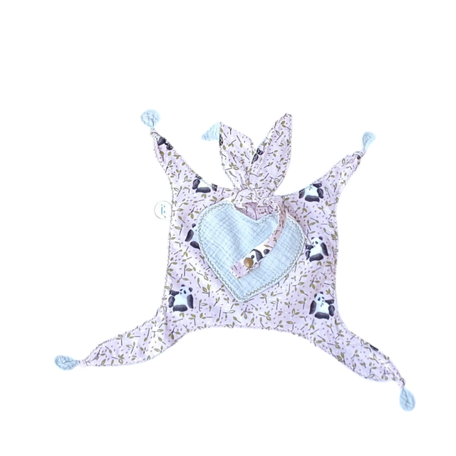 Doudou Lapin Range Tétine &quot;Pandas rose&quot; - Coton &amp; Gaze 