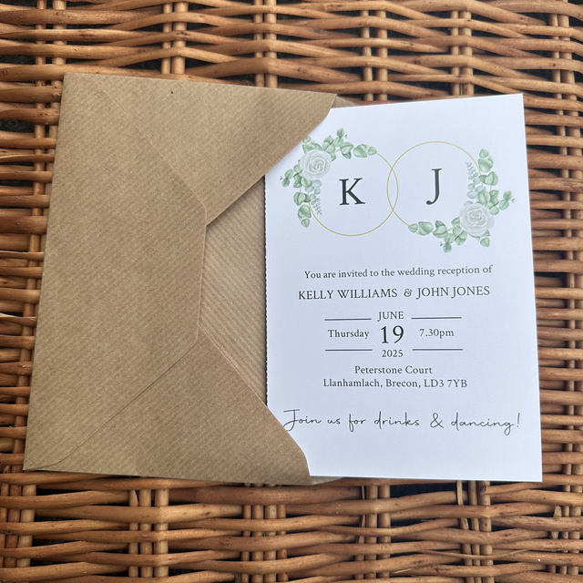 Pack of A6 evening invitations - eucalyptus, greenery and white rose design
