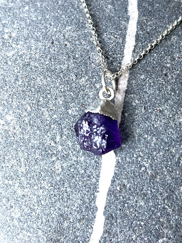 February - Amethyst birthstone necklace - raw &amp; topped with sterling silver