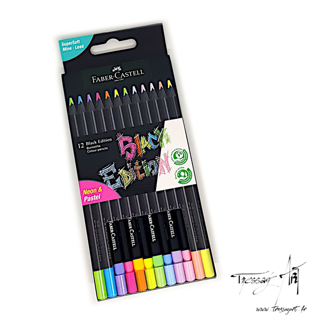 FABER CASTELL - 12 CRAYONS DE COULEURS PASTELS ET NEONS BLACK EDITION - FB007