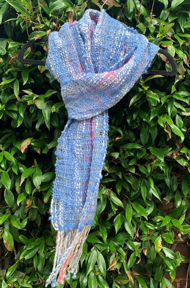 Handwoven Summer Scarf in Blue, Pink and White, Vegan 