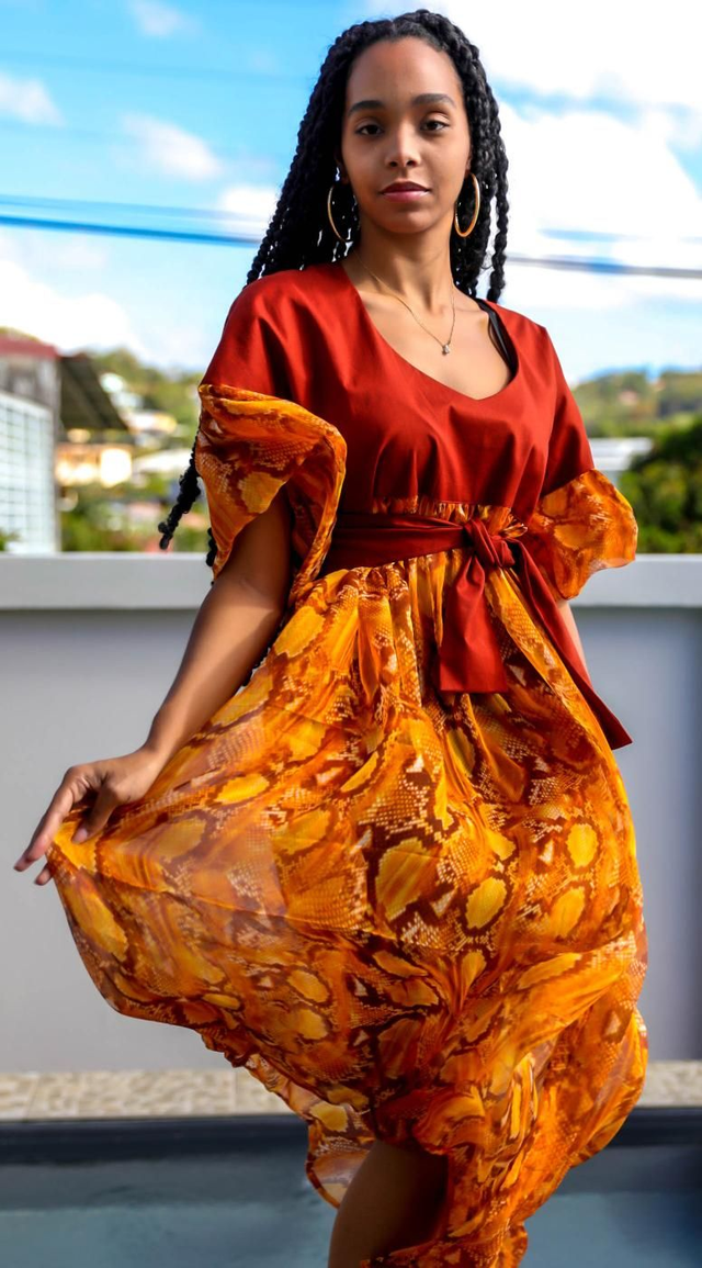 Robe tunique fluide bi-matière Soie imprimée et Coton uni