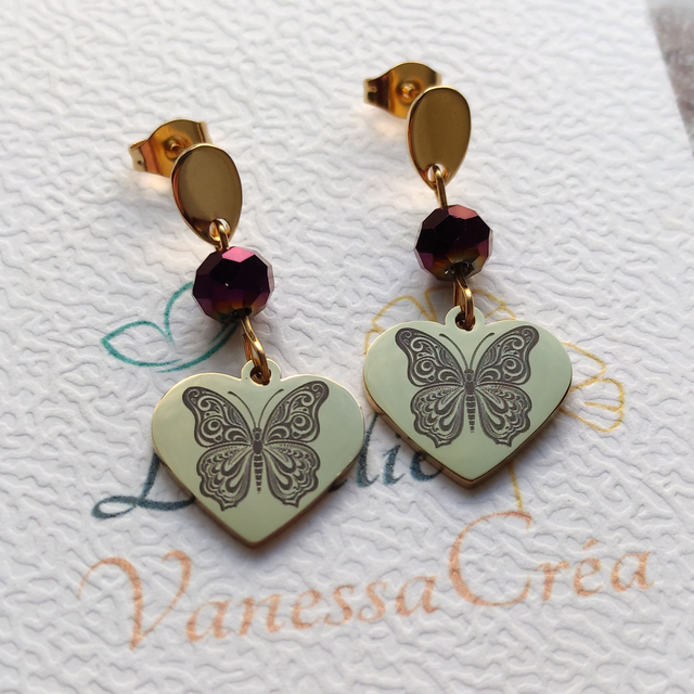 Boucles Cœur Poli &amp; Papillon Gravé