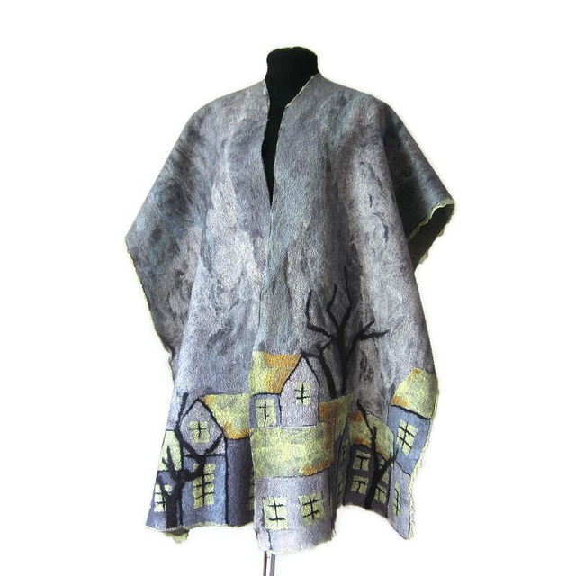 Poncho donna lana infeltrimento seta grigio infeltrito fatto a mano regalo unico per le donne