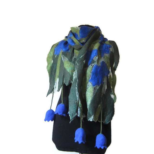 Sciarpa blu seta lana merino feltro Sciarpa fatta a mano infeltrimento fiori Sciarpa lunga calda Sciarpa donna Regali unici per lei