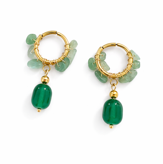 Argollas acero dorado piedras verdes 