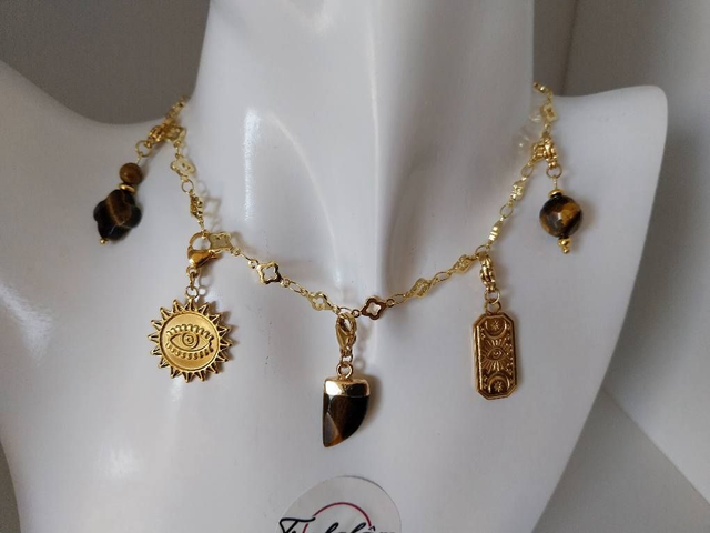 ✨Collier à breloques porte-bonheur &quot;oeil de tigre+trèfle&quot;✨