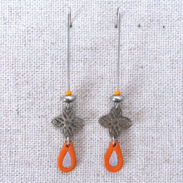 Boucles d’oreilles « Fancy » argentées, cuir orange