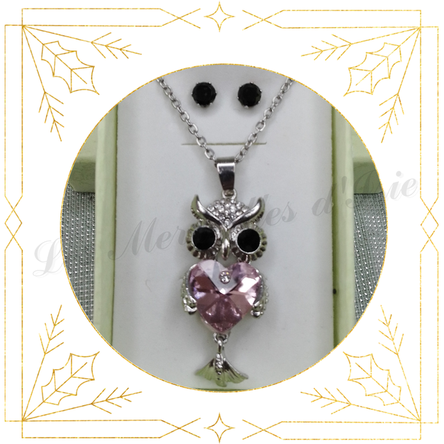 Parure Chouette rose et puces noires