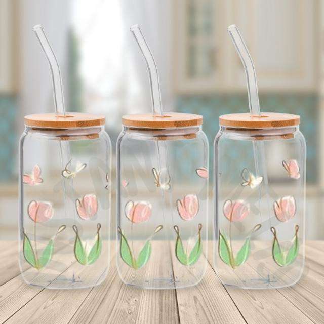 Canette en verre - Tulipe Rose et Doré