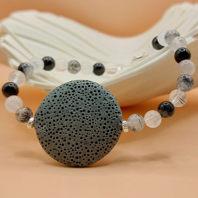 Lava (grey), tourmalinated quartz and sterling silver beaded bracelet