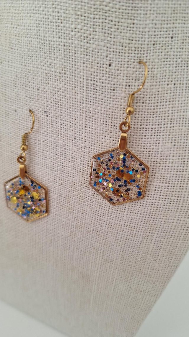 Boucles oreilles hexagonales paillettes bleu rose or